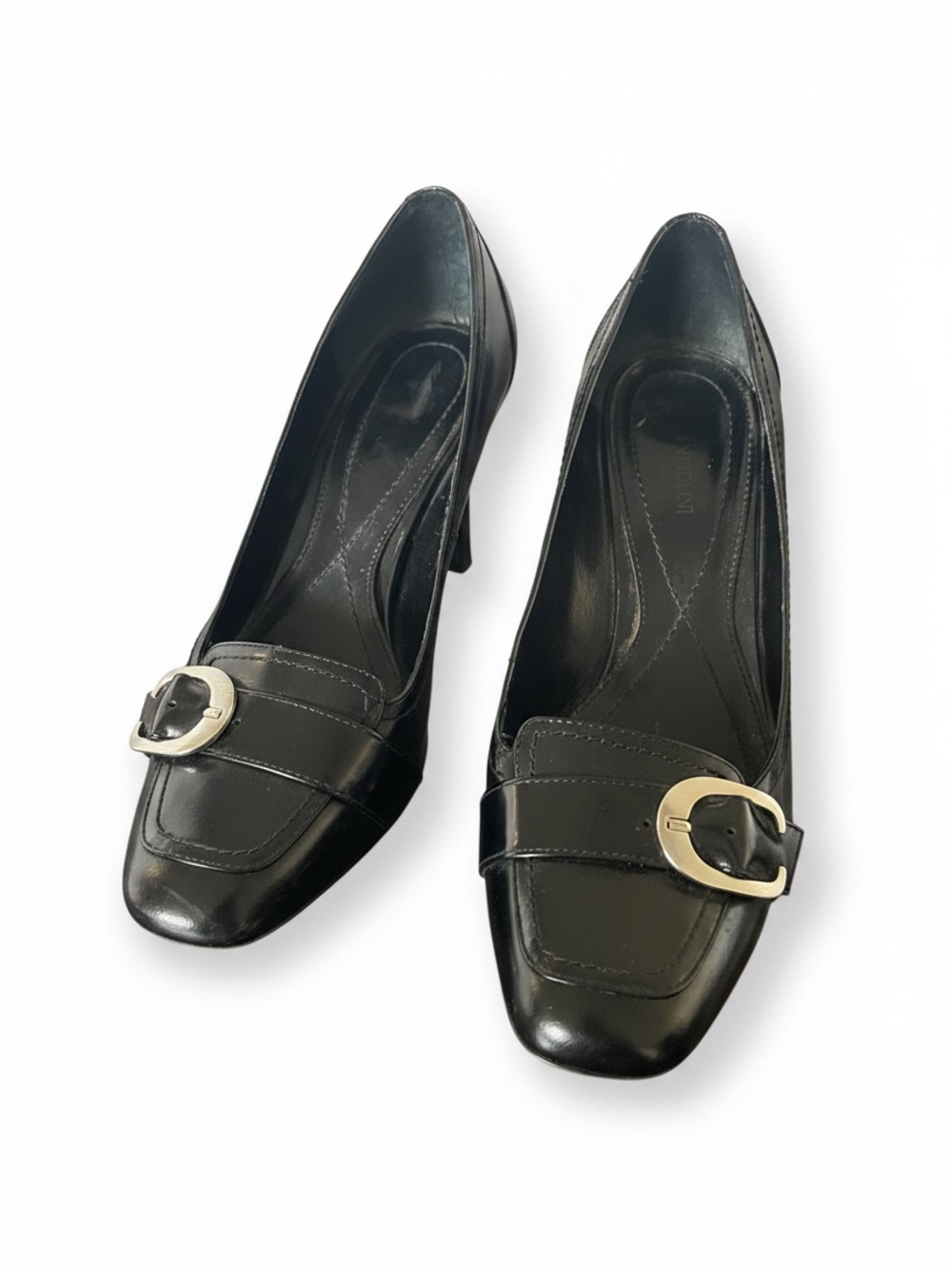 Enzo Angiolini Black Vegan Leather Loafer Pumps with Silver Buckle (Size 7.5 M)